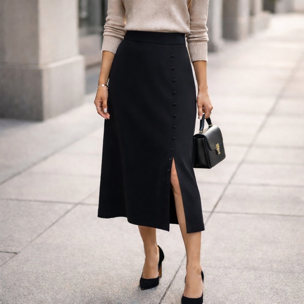 SHEIN Black A-Line Midi Skirt Size M with Side Button Detail Classic Chic Style